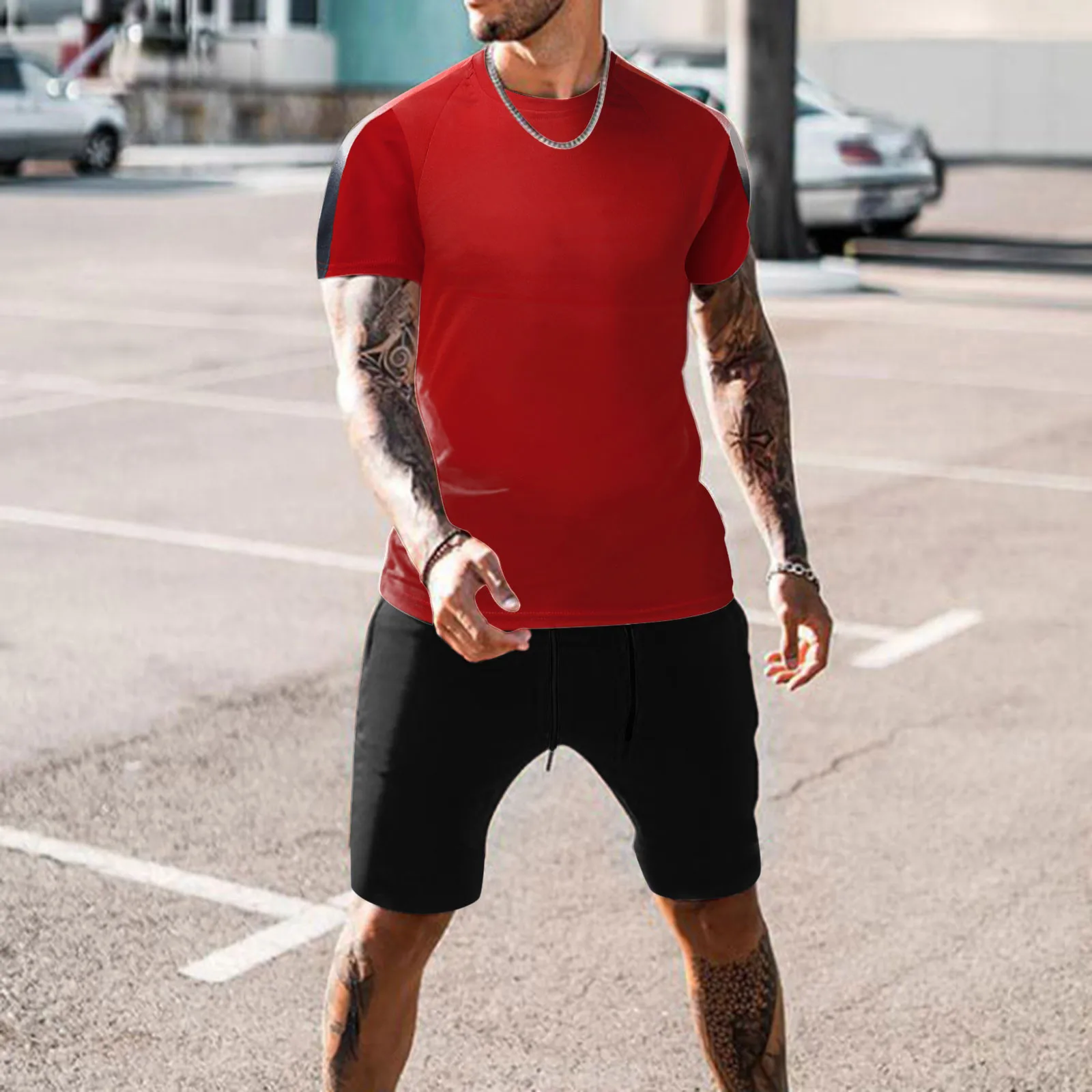 

New Men's Sportswear Summer 2-piece Beach Patchwork Short-sleeved Shirt And Short Pants Suit