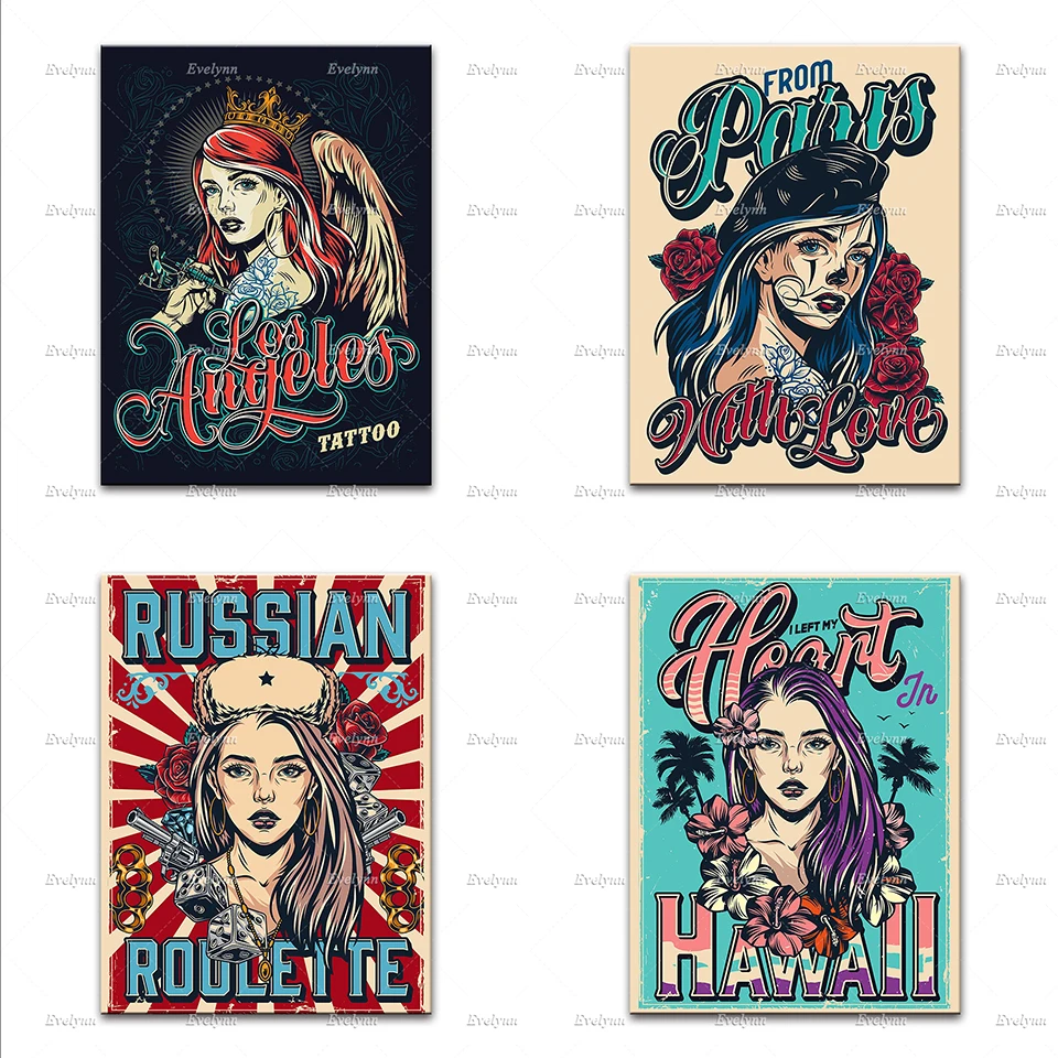 

Los Angeles Vintage Travel Posters, Tattoo Females Vintage Travel Art, Home Decor Canvas Wall Art Prints Living Room Decoration