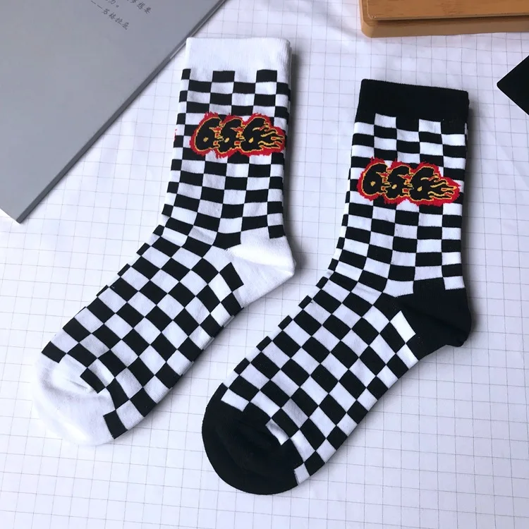 Adult Size Mid Calf Crew Socks Orange Fire 666 Three Six Flame Check Chequered International Chess Black White Lattice Creative |