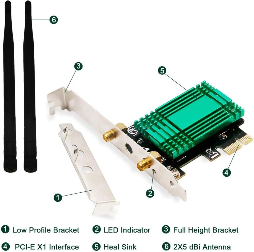 

Wireless AC 1200Mbps (2.4GHz 300Mbps and 5GHz 867Mbps) PCI-E Wi-Fi Adapter-PCIE Wi-Fi Card/network card