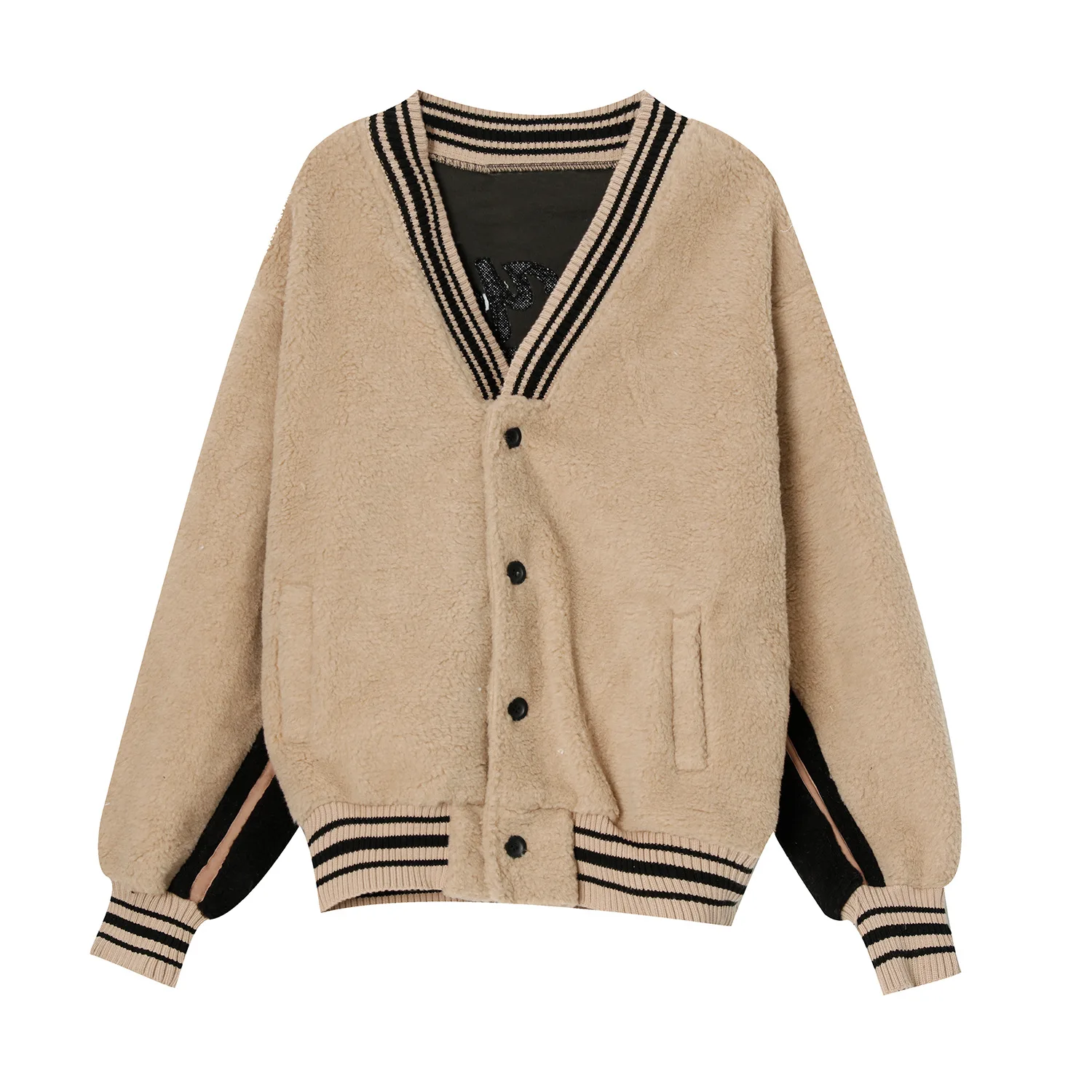 

Special zone - Autumn 2021 new Korean loose embroidery thickened V-neck contrast lamb wool cardigan