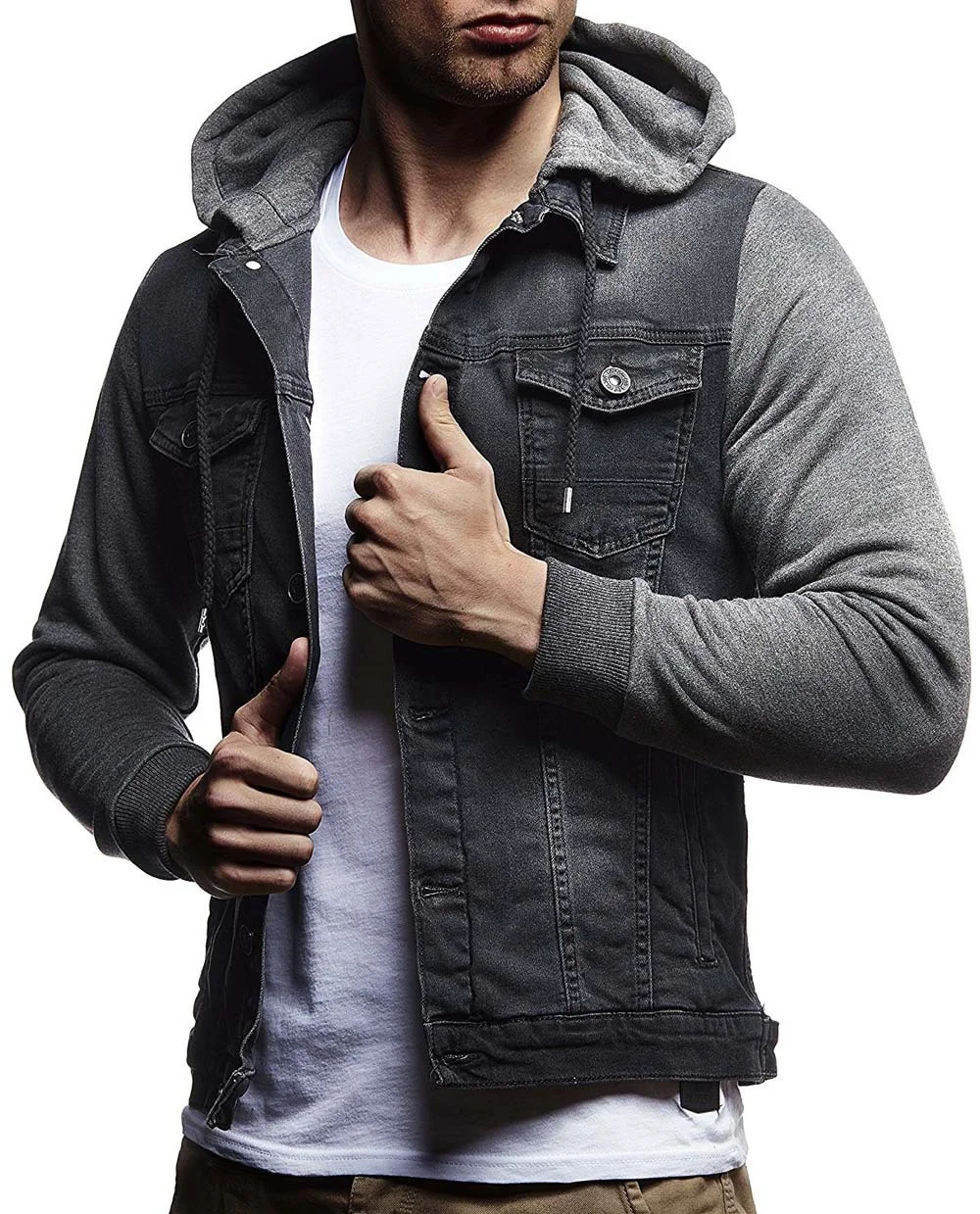 

Panelled Mens Jean Jackets Single Breasted Mens Hooded Coats with Pocket Casual Males Clothes