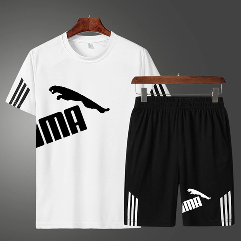 

Men's Print Summer Sports Suit O-Neck Breathable T-Shirt and Sports Shorts Running Suit Fashion Fitness Suit New Mesh Breathable