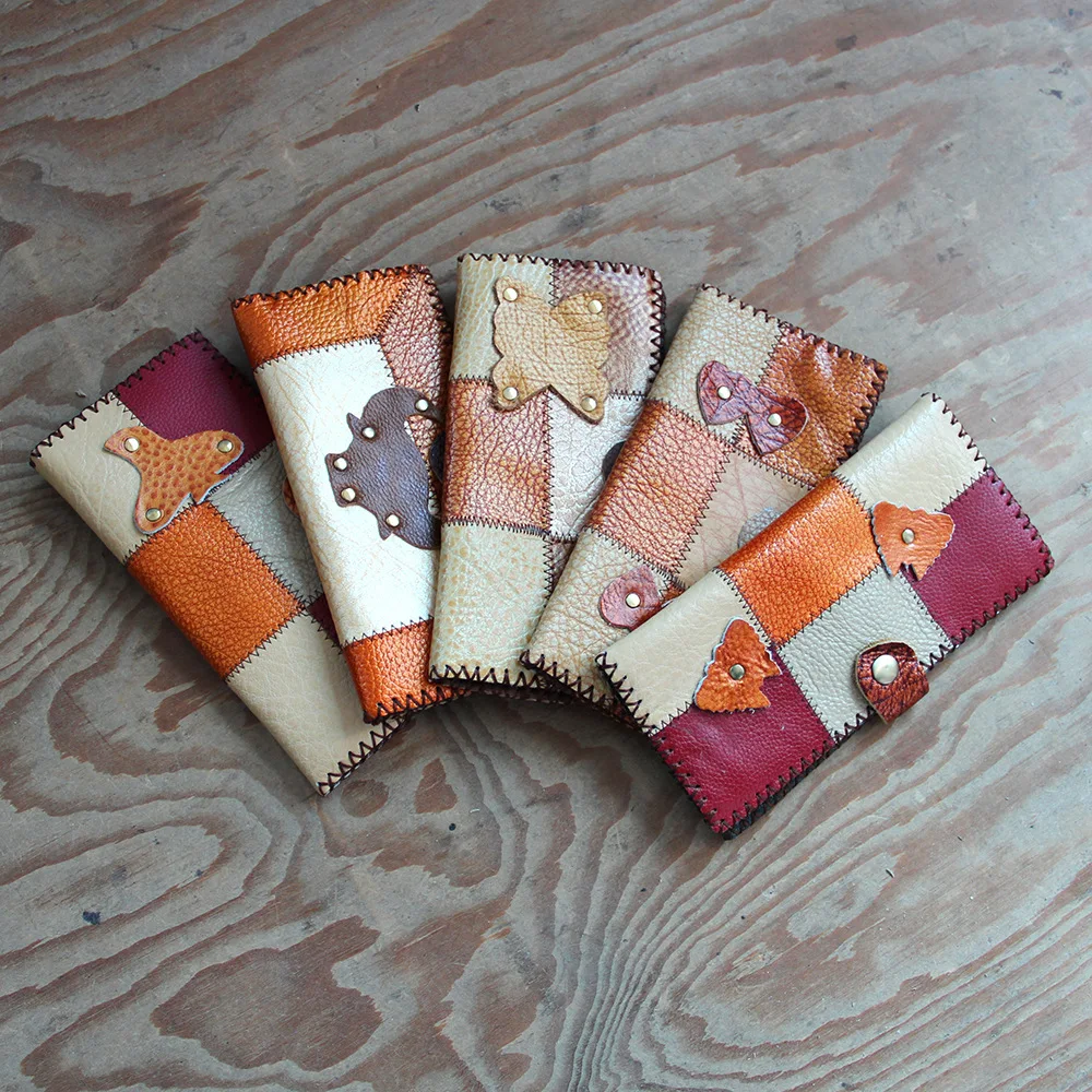 

Handmade Cowhide Men's Wallets Spliced Leather Long Ladies Wallet Creative Gifts Personality Ethnic Style Card Bag Storage Bag
