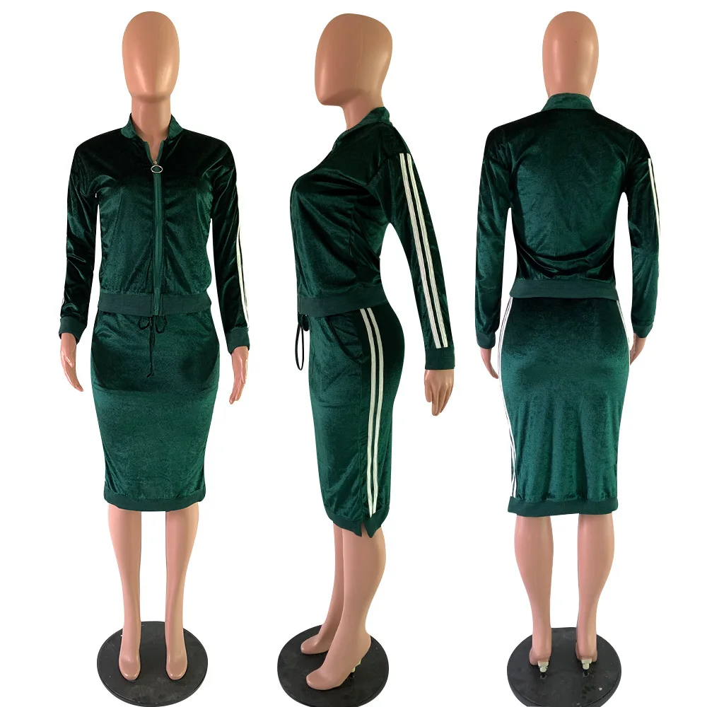 

Two Piece Skirt Set Zipper Long Sleeve Autumn Jacket Top+Slim Dress Casual Tracksuits Plus Size Solid Outfits Women Clothes 2019