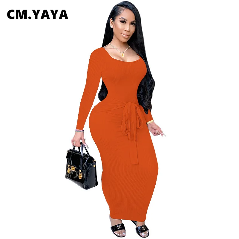 CM.YAYA Autumn Winter Knitted Women Long Sleeve Tie Up Waist Midi Maxi Dress Ribbed Open Back Streetwear Pencil Dresses | Женская одежда