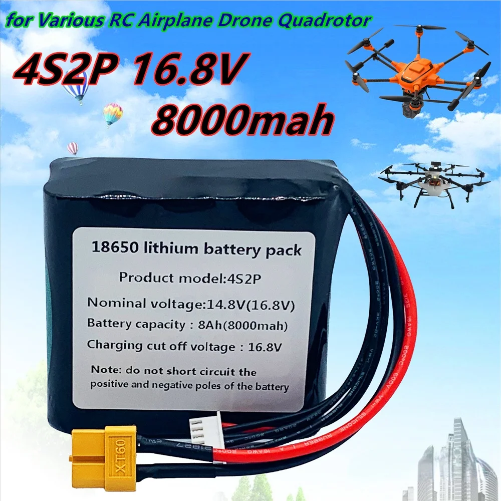 

4S2P 14.8V 8000mAh 16.8V18650 Battery Pack High Capacity UAV Rechargeable for Various RC Airplane Drone Quadrotor 5P XT60