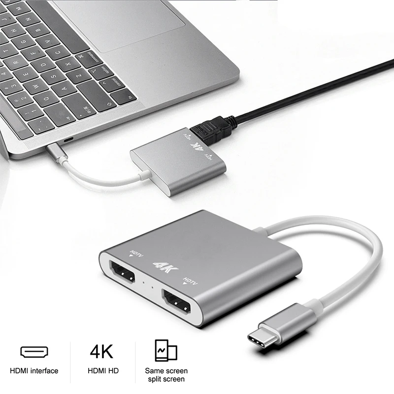 Адаптер конвертер Type C to HDMI 4K 1 вход 2 выхода HD TV сплит экран видео кабель для Mac Air Pro