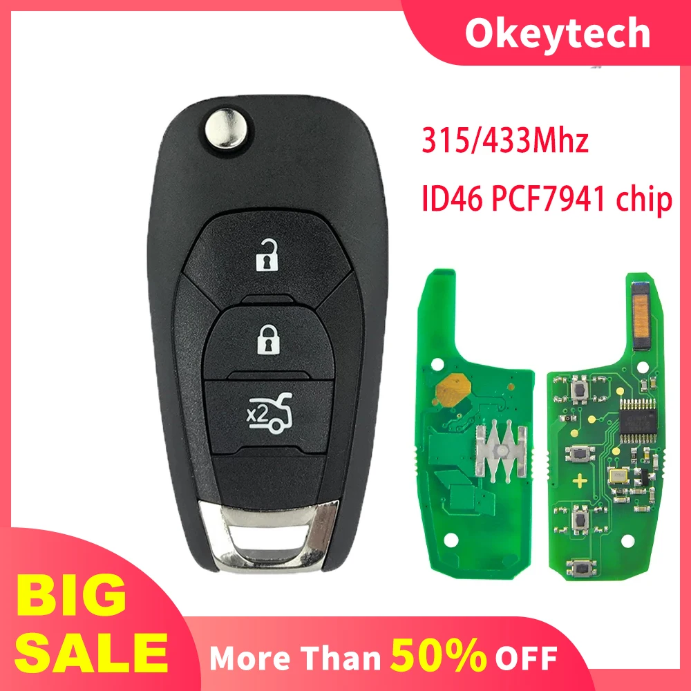 

Okeytech 315/433Mhz 3 Buttons Flip Folding Remote key For Chevrolet Cruze 2014 2015 2016 2017 2018 Car Key ID46 Chip Uncut Blade