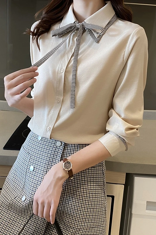 

Houthion Casual Shirt New Long-sleeved Blouse Polo Collar Spring and Autumn Splicing Buttons Bow Blusas Fashion Tops