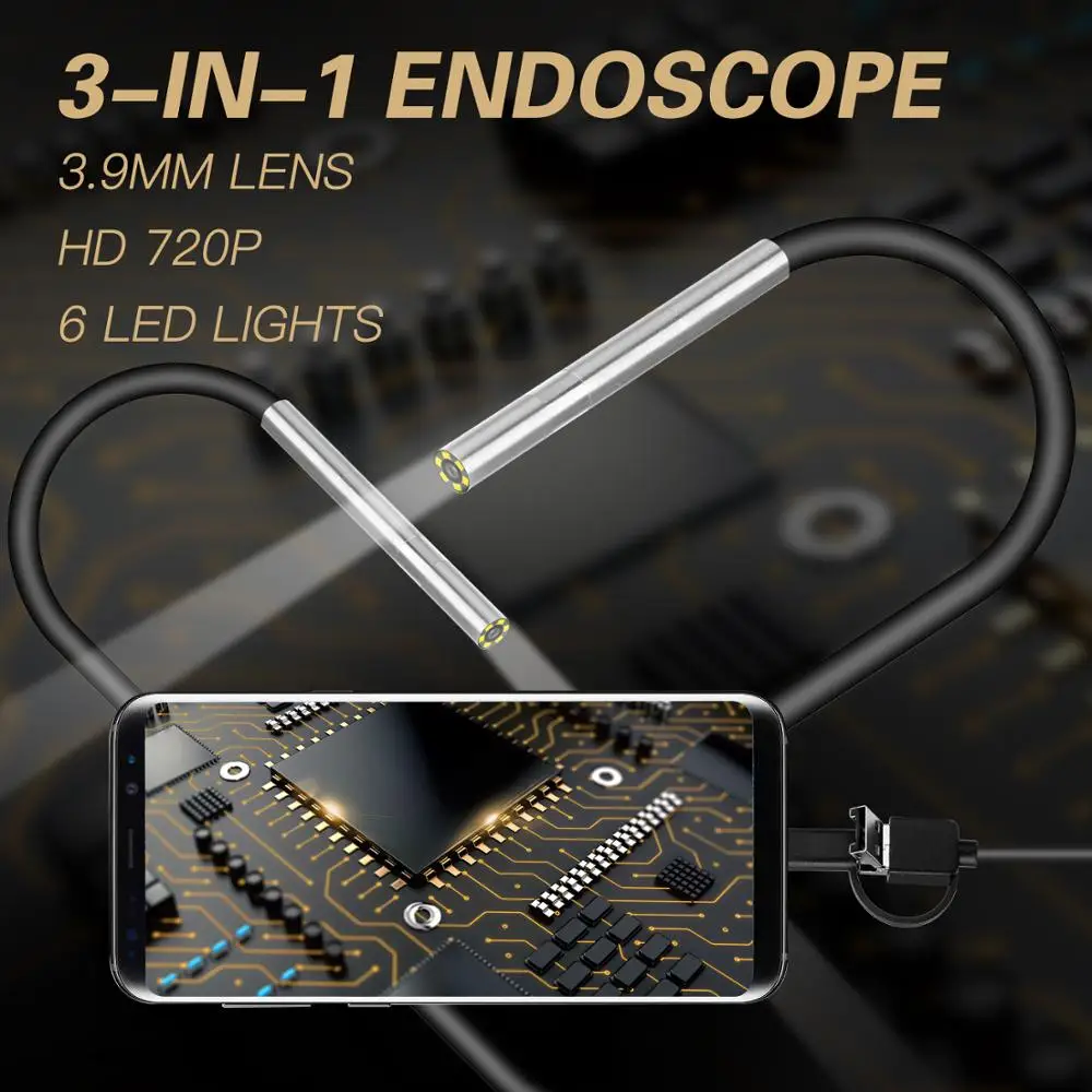 

3.9mm Endoscope Camera Tiny Lens Android Endoscope 6 LED Micro USB Type C 3 in 1 Waterproof Inspection For Android PC Borescope