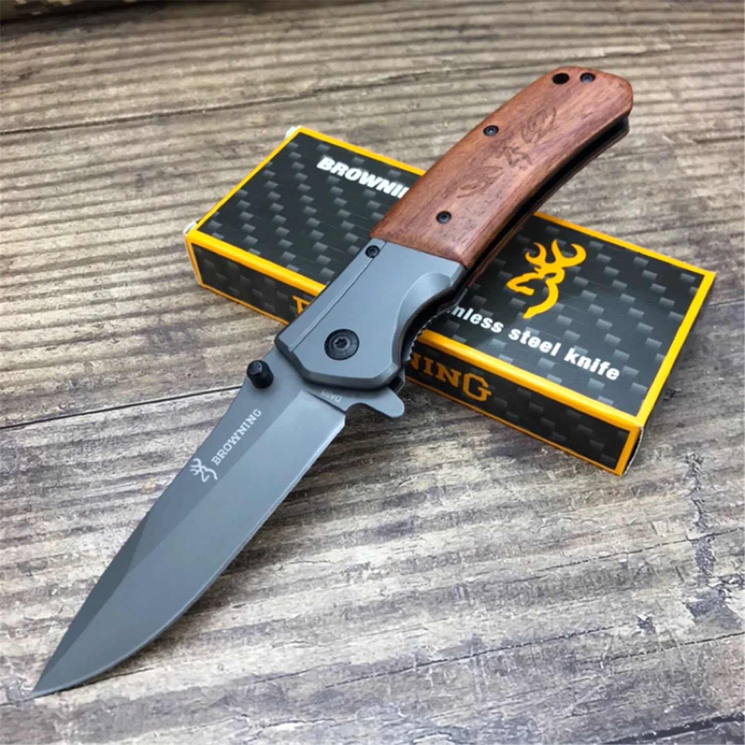 

BROWNING-DA98 Folding Knife Grey Titanium 440C Stainless Steel Blade Rosewood Handle Pocket Knife Outdoor Hunting Survival Knife
