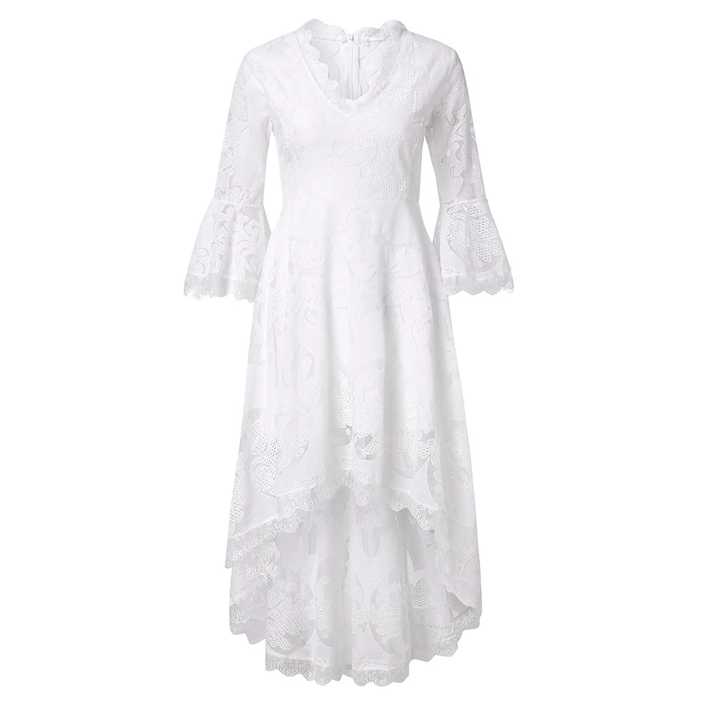 

Lace White Dress Sexy V Neck Flare Sleeve Hollow Out A-line Dresses For Women 2021 Casual Party Dresses Women Evening Elegant