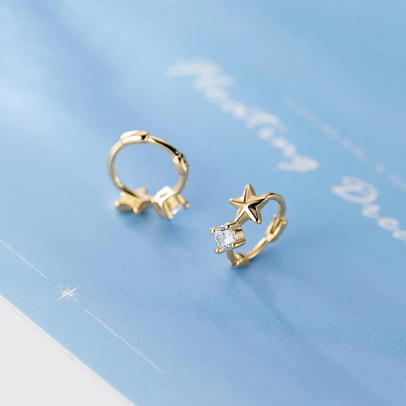 

MloveAcc Real 925 Sterling Silver Clear CZ Simple Tiny Star Hoop Earrings for Women Girl Fashion Earrings Korea Fine Jewelry