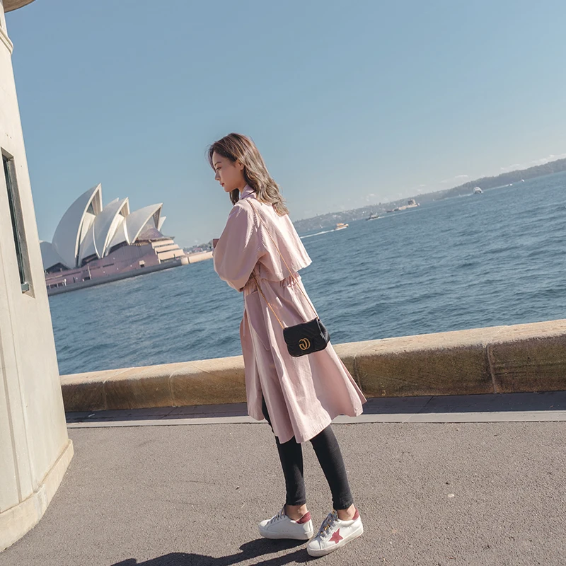 

Women Solid Medium Long Trench Full Lantern Sleeve Double Breasted Turn-down Collar Coat L3411051