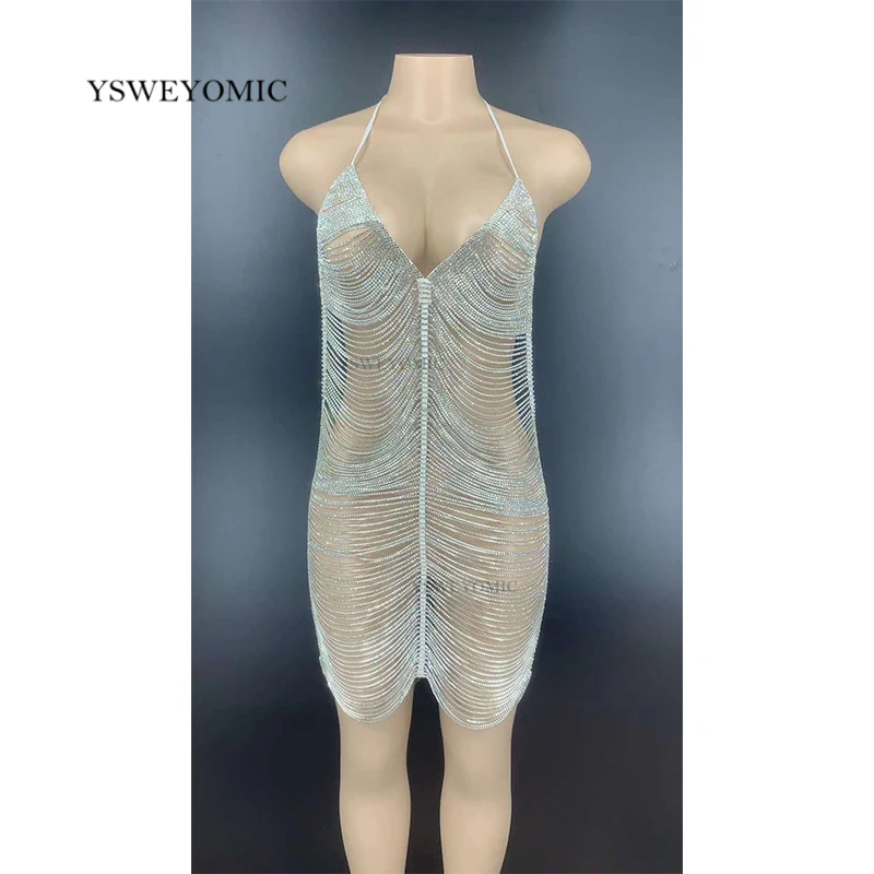 

Sexy Dress Flashing Silver Rhinestone Chains Backless Short Dress Women Dancer Hollow Outfit Prom Birthday Celebrate Dress