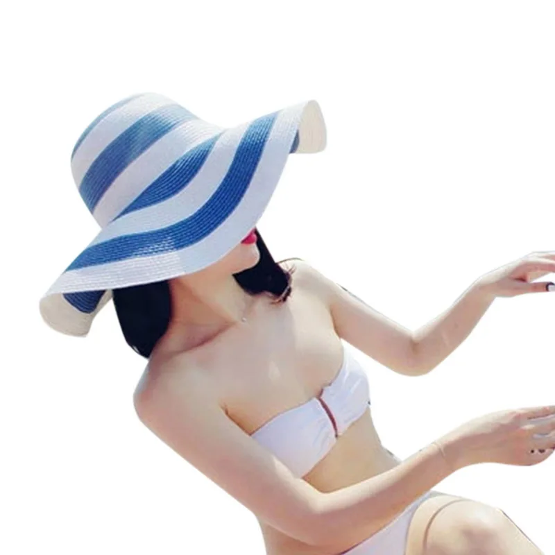 Striped Straw Hat Women's Beachwear Sun Big Brim Fashion Black White Women Beach 2018 New | Аксессуары для одежды