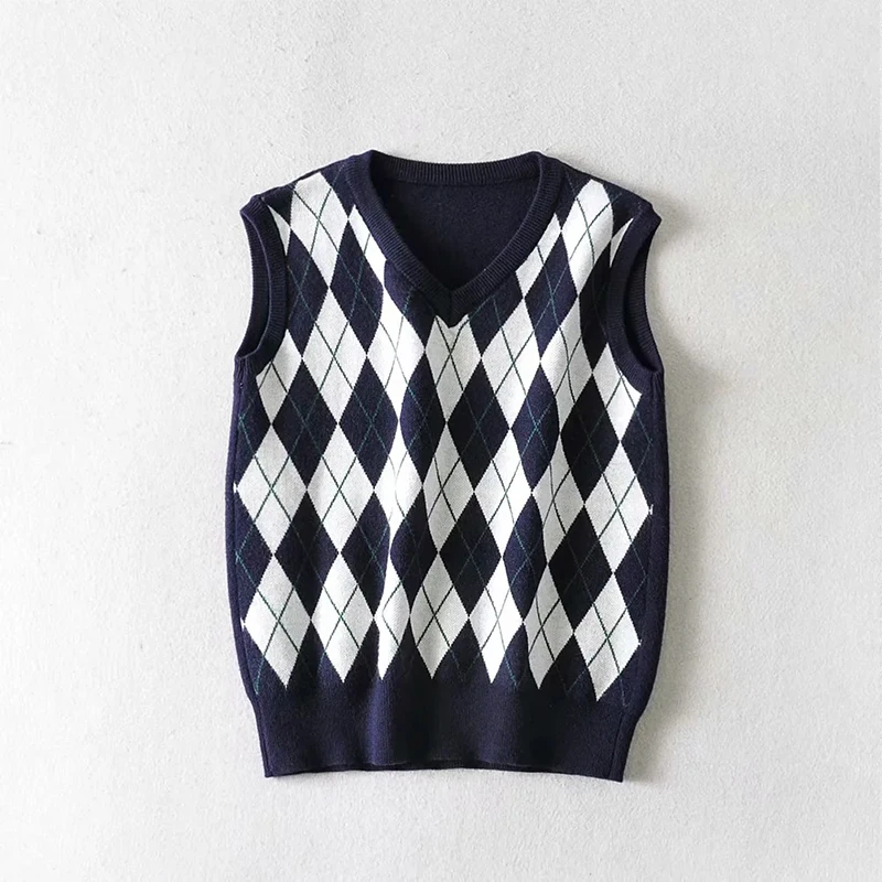

2021 Korean Argyle Plaid Knitted Sweater Vest Female England Preppy Style Clothes V Neck Casual 90s Jumpers Autumn Knitwear