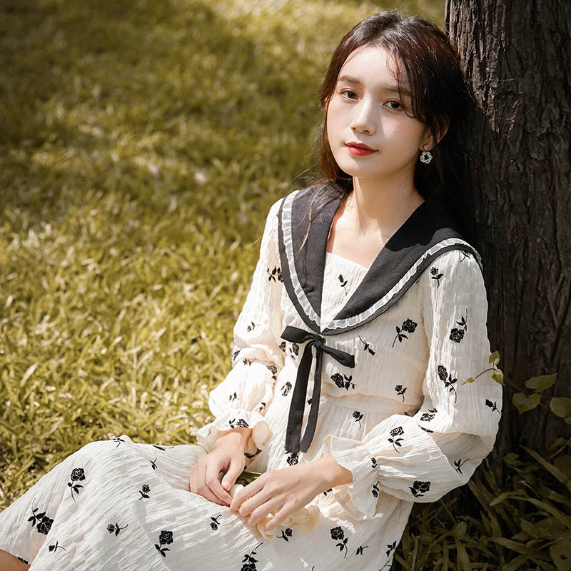 

Retro Floral Dress Women Casual Fairy Elegant Party Midi Vintage Dress Female Bow Long Sleeve One-piece Dress Korean 2020 Autumn
