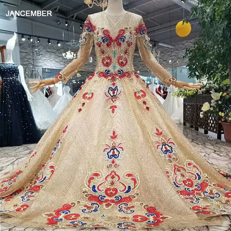 Блестящие вечерние платья LS657445 из Дубая с блестками длинными рукавами и круглым