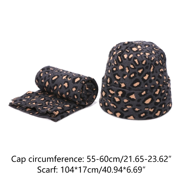 

2pcs Winter Women Wool Beanie Hat Scarf Set Leopard Printing Spots Sexy Outdoor Warm Hedging Caps for Girls