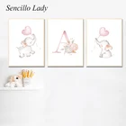 Персонализированный розовый цветочный буквенный постер для детской комнаты, слон, животное, холст, художественная живопись, Настенная картина, украшение для спальни