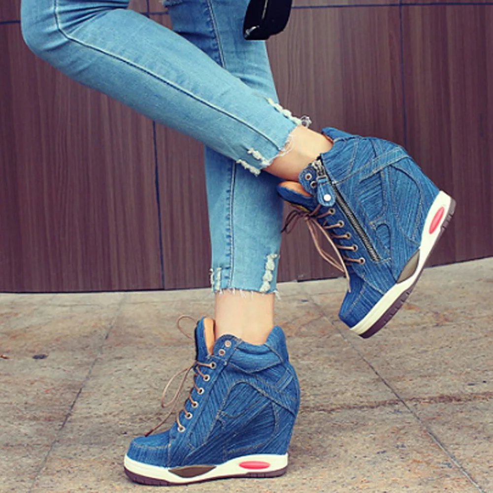 

KarinLuna Brand Design Denim Women Boots Super High Heel Round Toe Platform Cross-tied Zip Flats Spring/Autumn Woman Shoes