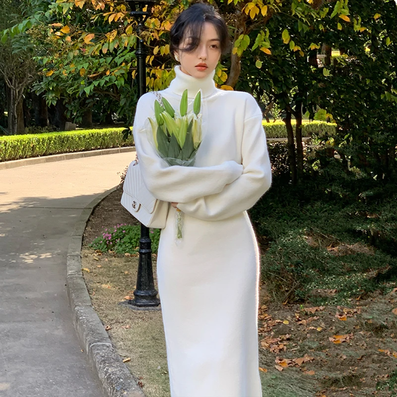 

Autumn Winter Turtleneck Knit Sweater Dress Women Elegant Long Sleeve Lady White Vestidos Casual Warm Loose Female Clothing 2021