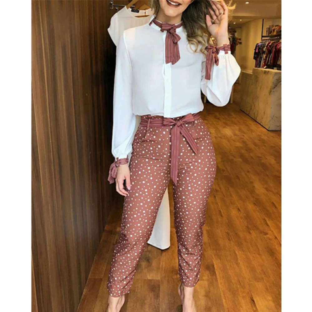 

WEPBEL Women Elegant Autumn Clothing Set Casual Ladies Long Sleeve Shirt Top + Drawstring Waist Print Pants Ladies Two Piece Set