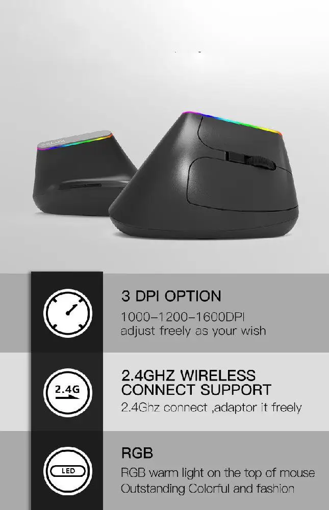 

Rechargeable 2.4G Wireless Ergonomic Mouse with Receiver M168C RGB Vertical Mice