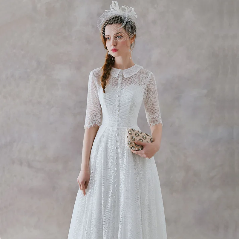 2021 luxury quality women's sweet round neck five sleeve long skirt high-end white lace wedding dress elegant wedding dress