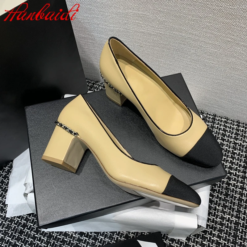 

Women High Heels Shoes Metal Decoration Chain Mixed Colors Shoes Shallow Slip On Working Party Genuine Leather Zapatos De Mujer