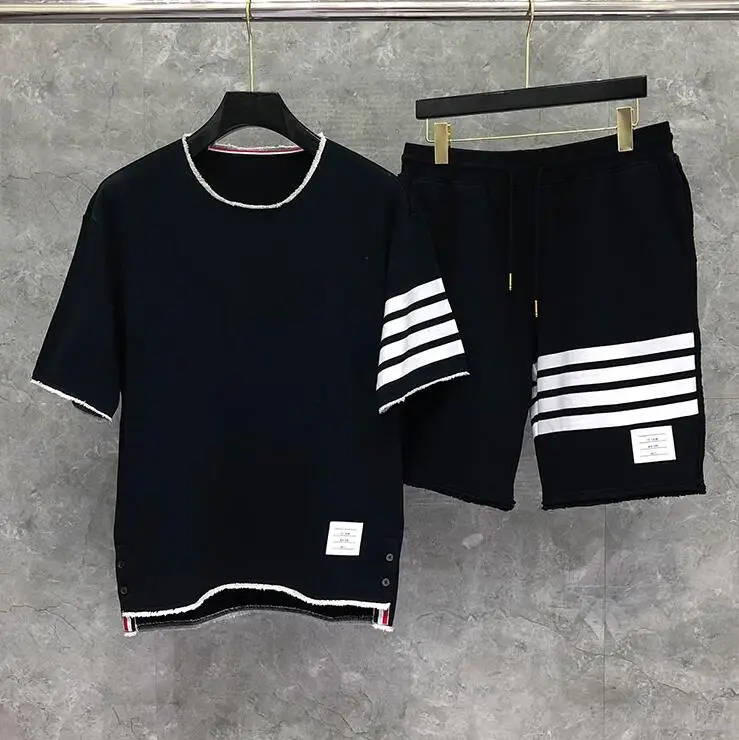 

Fashion TB 2021 THOM Brand T-Shirt Men Tassels Short Casual Clothing Summer O-neck Cotton Loose Hip Hop Half Sleeve Shirts