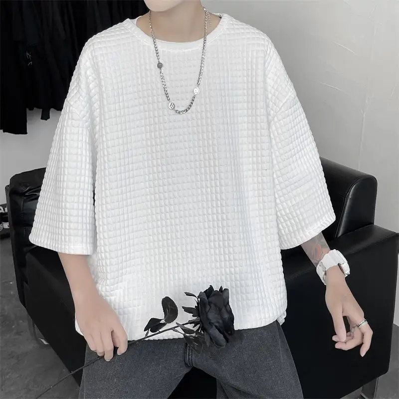 

Summer Short-sleeved T-shirt Men's Fashion Gray Black White Tshirt Men Streetwear Korean Loose Plaid T Shirt Mens M-2XL