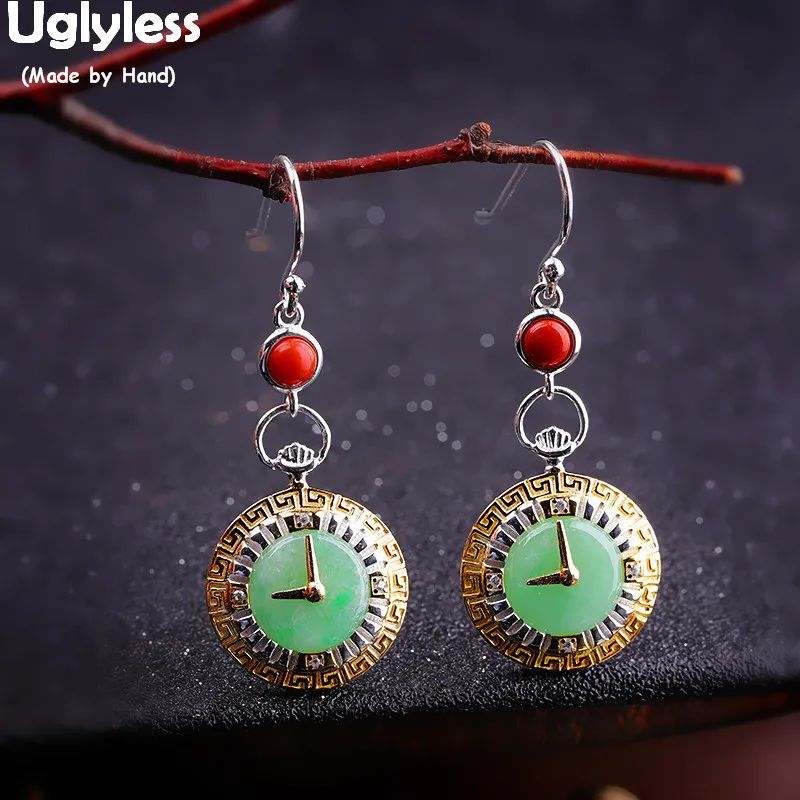 

Uglyless Creative Designer 9AM/PM Emerald Clock Earrings for Women Real 925 Silver Ethnic Agate Earrings Brincos Jewelry E1452