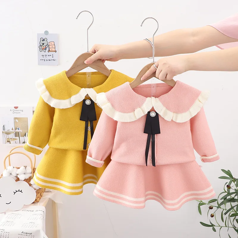 

12M-6Y Girls Sweater Little Fragrant Wind + Skirt Set Girls Cute Knitwear Two - piece Children 's Warm Clothes