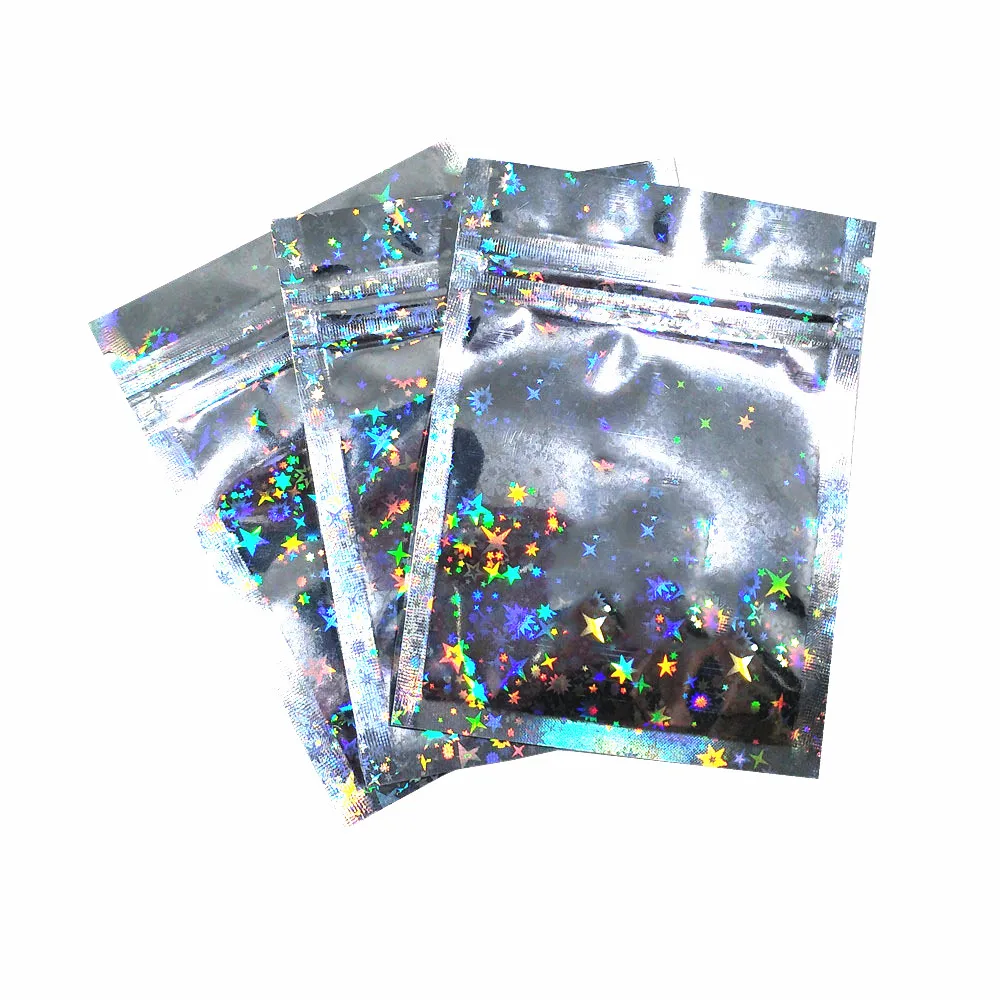 

100Pcs Zip Lock Glittery Star Mylar Foil Bag Self Grip Seal Tear Notch Resealable Reclosable Food Snack Candy Storage Pouches
