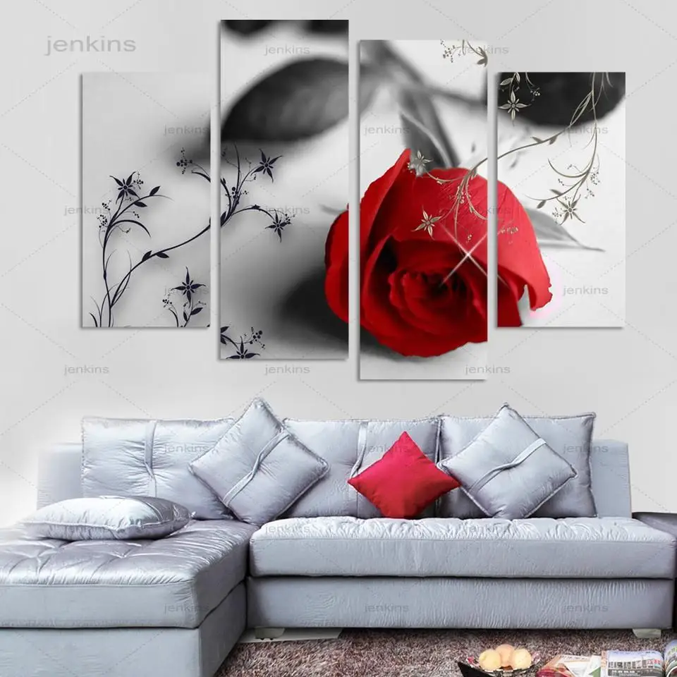 

4 Pieces Beautiful Red Rose Flowers Wall Decor Hd Print Picture Wall Canvas Painting Modern Home Living Room Photography Poster
