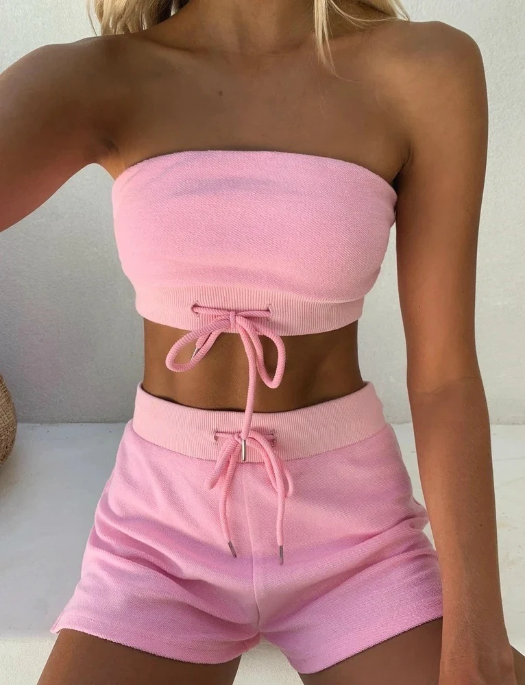Женский комплект 2 шт. короткий Милый Розовый Топ труба шорты костюмы размера