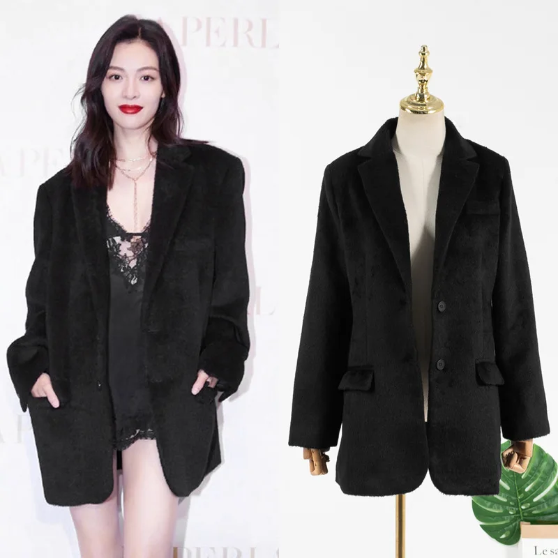 

KPOP IU Seo Yea Ji Fashion Office Loose Single-Breasted Black Blazers Women Vintage Long Sleeve Pockets Jacket Ladies Outerwear