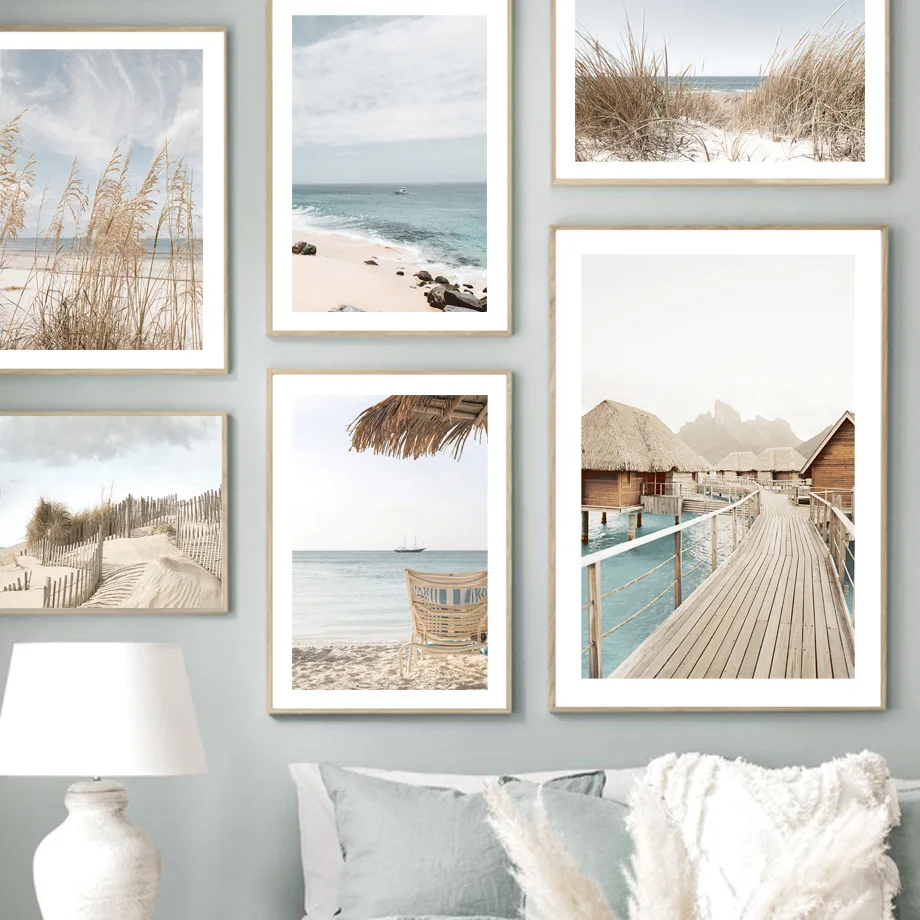 

Wooden Bridge Thatched Cottage Sea Beach Reed Boat Wall Art Canvas Painting NordicPosters And Prints Living Room Interior Decor