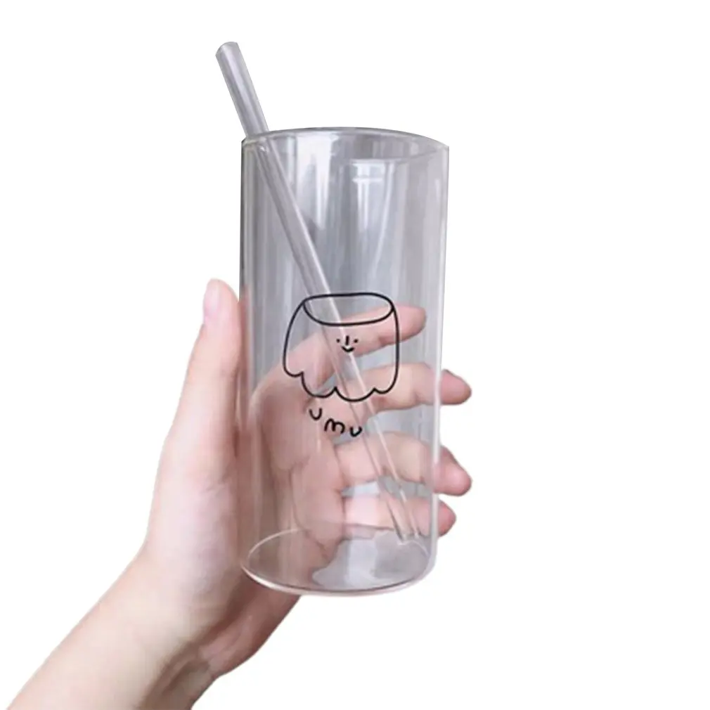 

Korean Transparent Drink Glass Cup Fresh Milk Juice Cold Water Cup With Straw Lemon Soda Juice Cup Lady Cute Gift Drinkware
