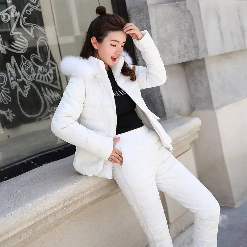 

Casual Hooded Warm Coats Suits Female Faux Fur Collar Slim Parkas Pants 2 Piece Set Ladies Jacket 2021 Winter Jacket Women INS