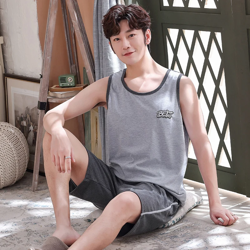 Мужские пижамы из чистого хлопка с буквенным принтом летние короткие без рукавов