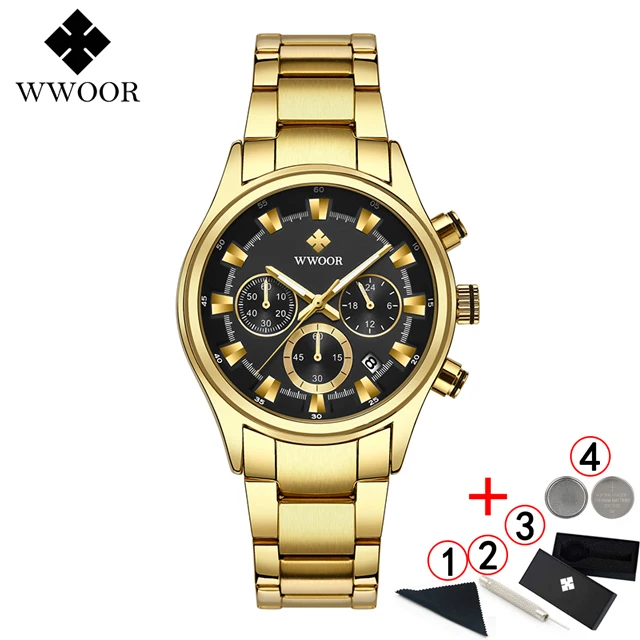 black gold box Мужские часы лучший бренд класса люкс WWOOR золотые черные часы мужские Новые водонепроницаемые Хронограф Золотые мужские наручные часы мужские - Цвет: black gold box