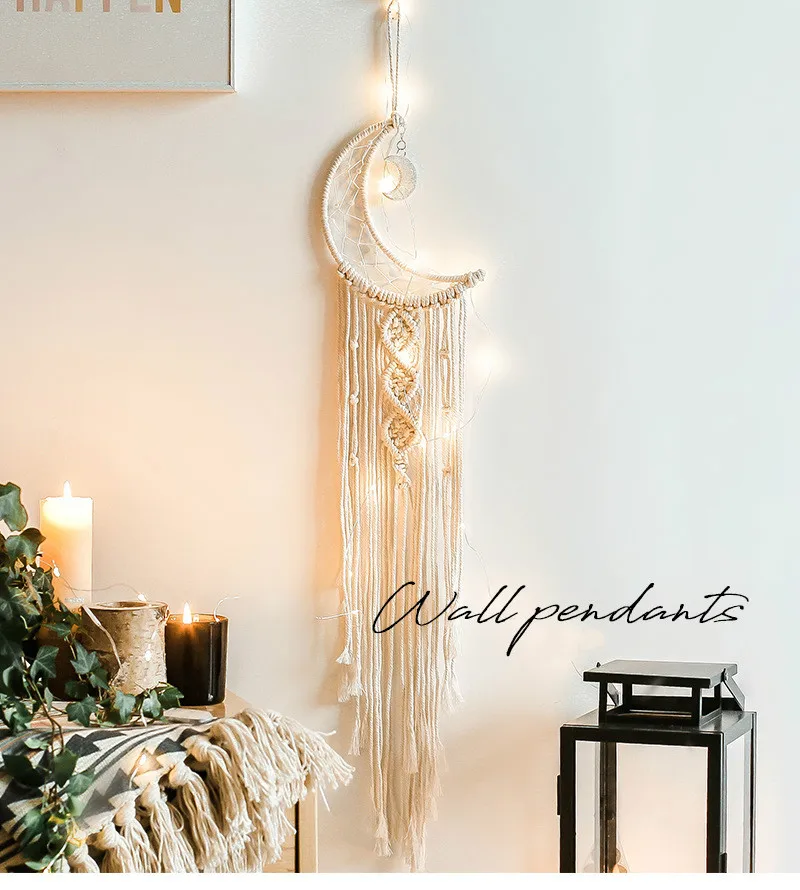 

Бежевый хлопковый Тканый гобелен, Настенный декор ручной работы, украшение-обруч в стиле хиппи бохо, Декор, гобелен, Ловец снов