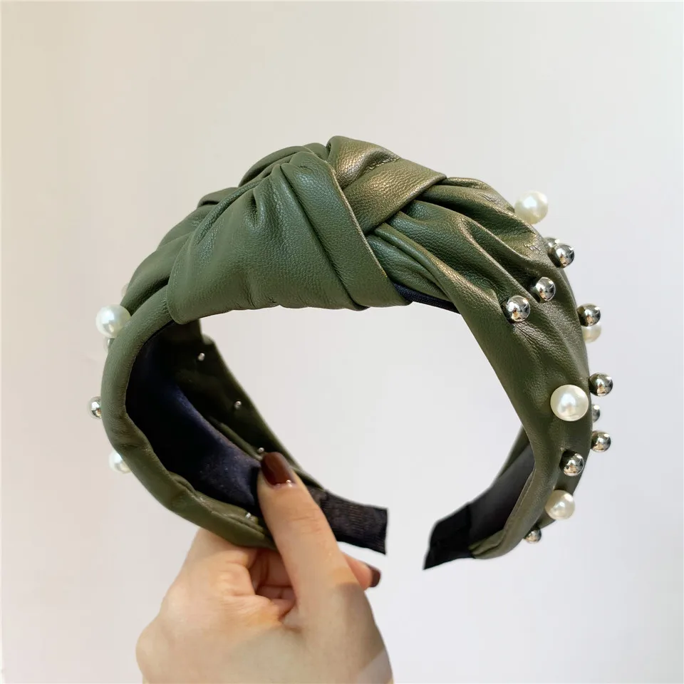 Новые женские элегантные кожаные ПУ ободки для волос с жемчужинами и поперечным