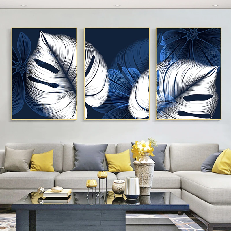 Abstracto azul Planta blanca de pósteres impresos casa moderna decoración foto cuadro sobre lienzo para pared nórdica Decoración Para sala de estar Cuadros