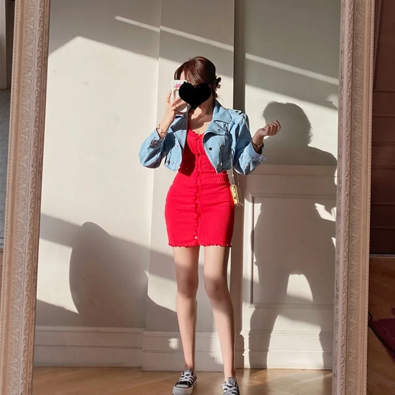 

XUXI Women Clothing Korean Spring And Summer Sexy Red V-neck Short Sleeve Lace Slotted Hip Party Dress Slim Mini Dress E1034
