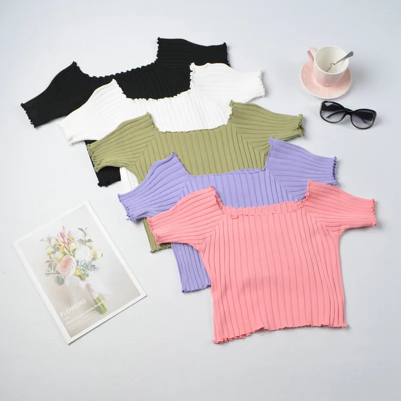 

2020 Summer T Shirt Women Casual Solid Tee Shirts Slash Neck Knitted Tshirt Short Sleeve T-shirt Ladies Crop Top Women Clothings